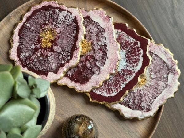 Bordeaux Bloom Handgemaakte Epoxy Onderzetters Set van 4